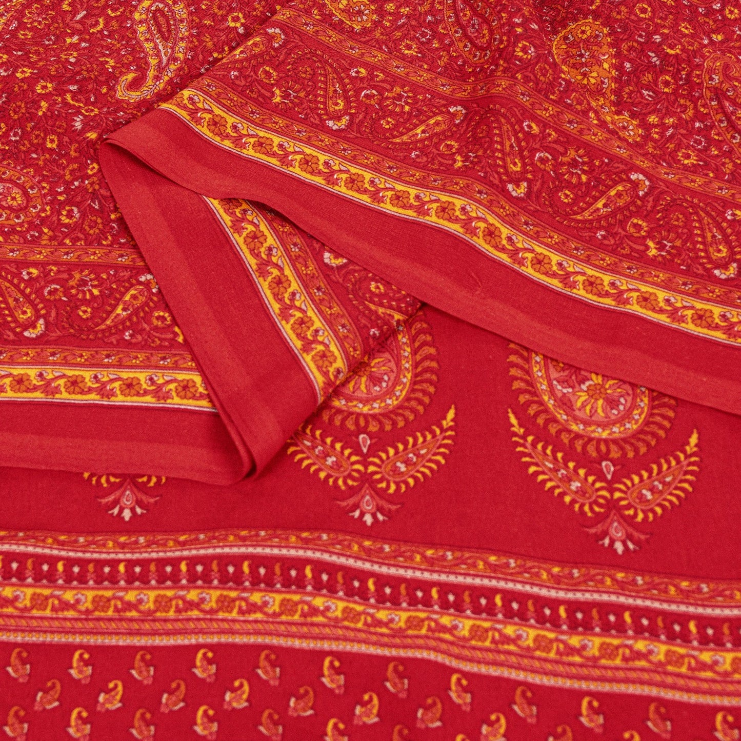 Sanskriti Vintage Sarees Red Moss Crepe Paisley Print 5+YD Indian Craft DecoSari