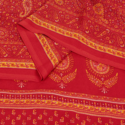 Sanskriti Vintage Sarees Red Moss Crepe Paisley Print 5+YD Indian Craft DecoSari