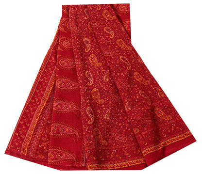 Sanskriti Vintage Sarees Red Moss Crepe Paisley Print 5+YD Indian Craft DecoSari