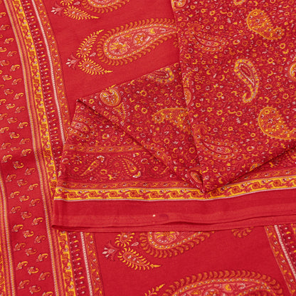 Sanskriti Vintage Sarees Red Moss Crepe Paisley Print 5+YD Indian Craft DecoSari