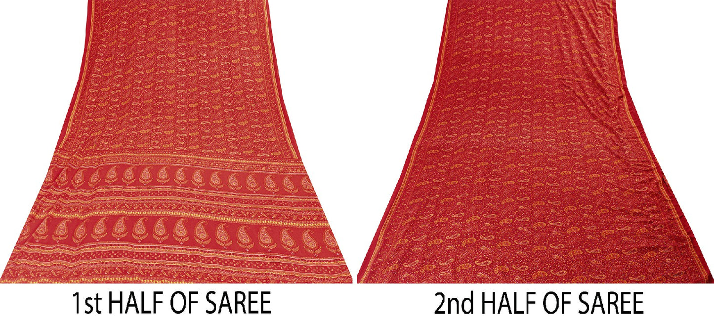Sanskriti Vintage Sarees Red Moss Crepe Paisley Print 5+YD Indian Craft DecoSari