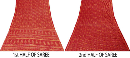 Sanskriti Vintage Sarees Red Moss Crepe Paisley Print 5+YD Indian Craft DecoSari