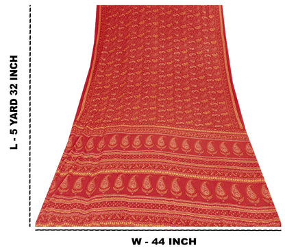 Sanskriti Vintage Sarees Red Moss Crepe Paisley Print 5+YD Indian Craft DecoSari