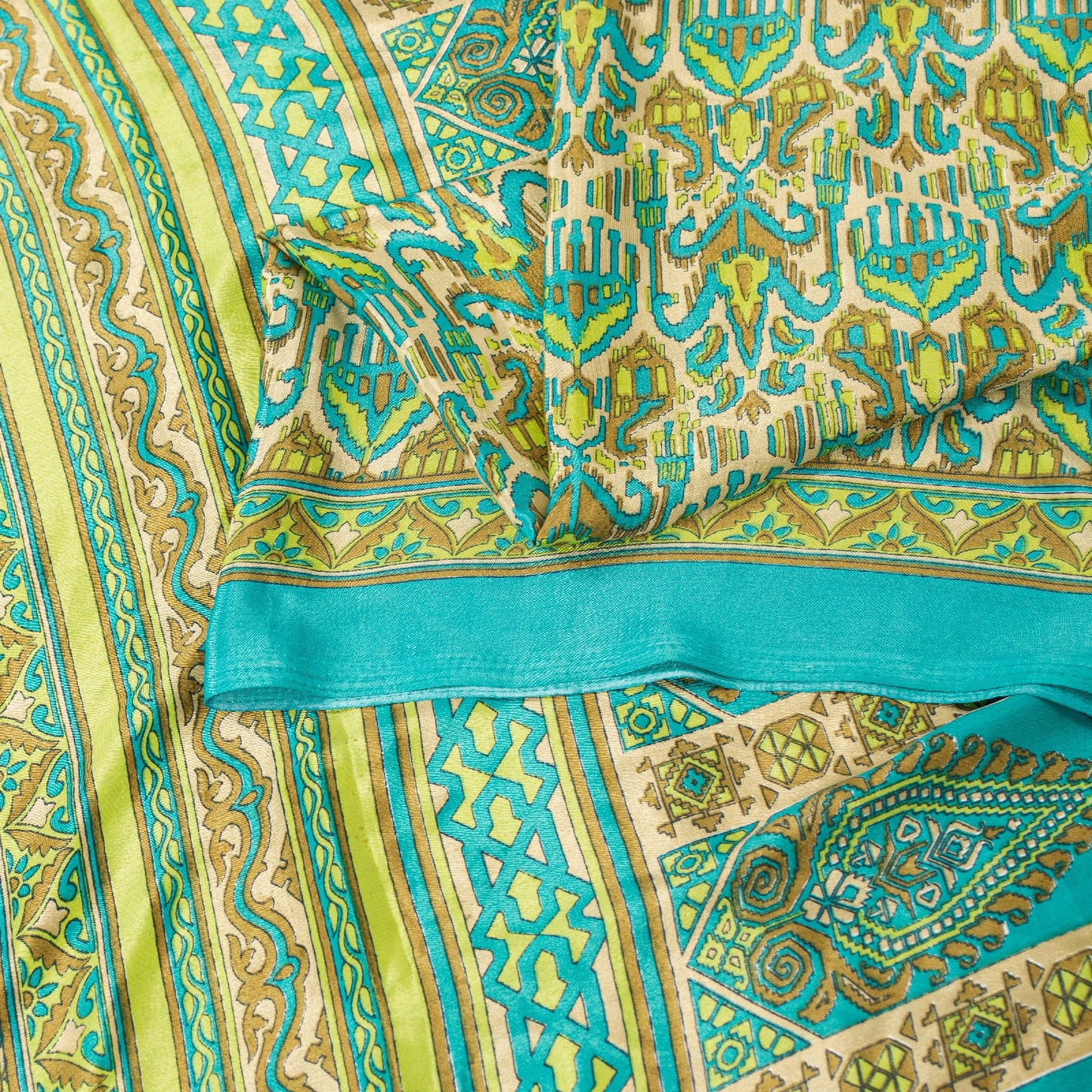 Sanskriti Vintage Saree Blue & Green 5+Yd Moss Crepe Saree Craft Saree Floral Printed Sari Uses--Crafts Sewing Patchwork Home Decor