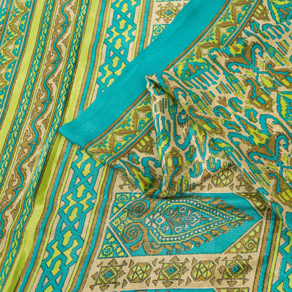 Sanskriti Vintage Saree Blue & Green 5+Yd Moss Crepe Saree Craft Saree Floral Printed Sari Uses--Crafts Sewing Patchwork Home Decor