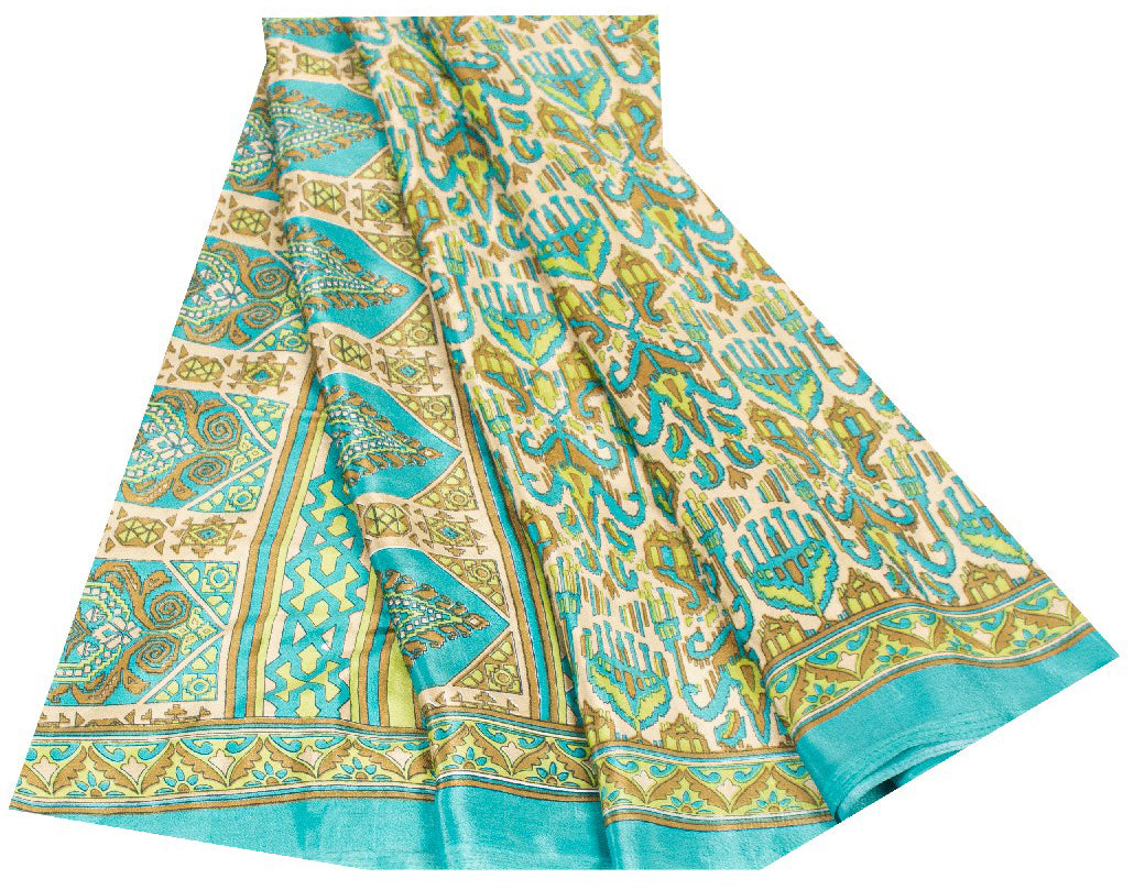 Sanskriti Vintage Saree Blue & Green 5+Yd Moss Crepe Saree Craft Saree Floral Printed Sari Uses--Crafts Sewing Patchwork Home Decor