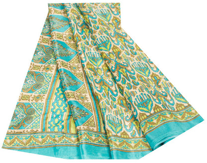 Sanskriti Vintage Saree Blue & Green 5+Yd Moss Crepe Saree Craft Saree Floral Printed Sari Uses--Crafts Sewing Patchwork Home Decor