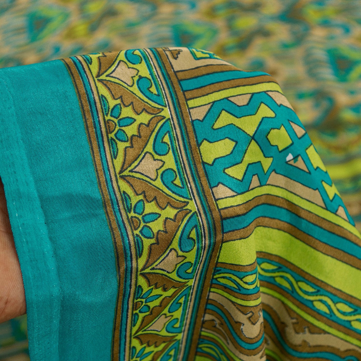 Sanskriti Vintage Saree Blue & Green 5+Yd Moss Crepe Saree Craft Saree Floral Printed Sari Uses--Crafts Sewing Patchwork Home Decor
