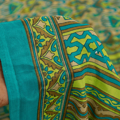 Sanskriti Vintage Saree Blue & Green 5+Yd Moss Crepe Saree Craft Saree Floral Printed Sari Uses--Crafts Sewing Patchwork Home Decor