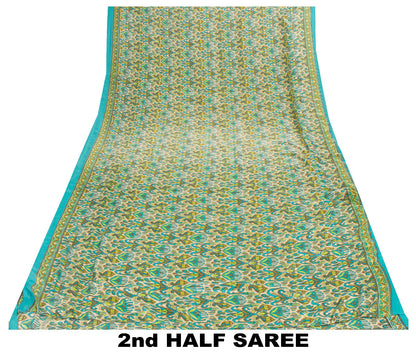 Sanskriti Vintage Saree Blue & Green 5+Yd Moss Crepe Saree Craft Saree Floral Printed Sari Uses--Crafts Sewing Patchwork Home Decor