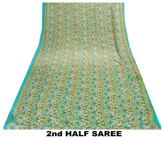 Sanskriti Vintage Craft Sarees Blue & Green Floral Print 5+YD Moss Crepe Sari