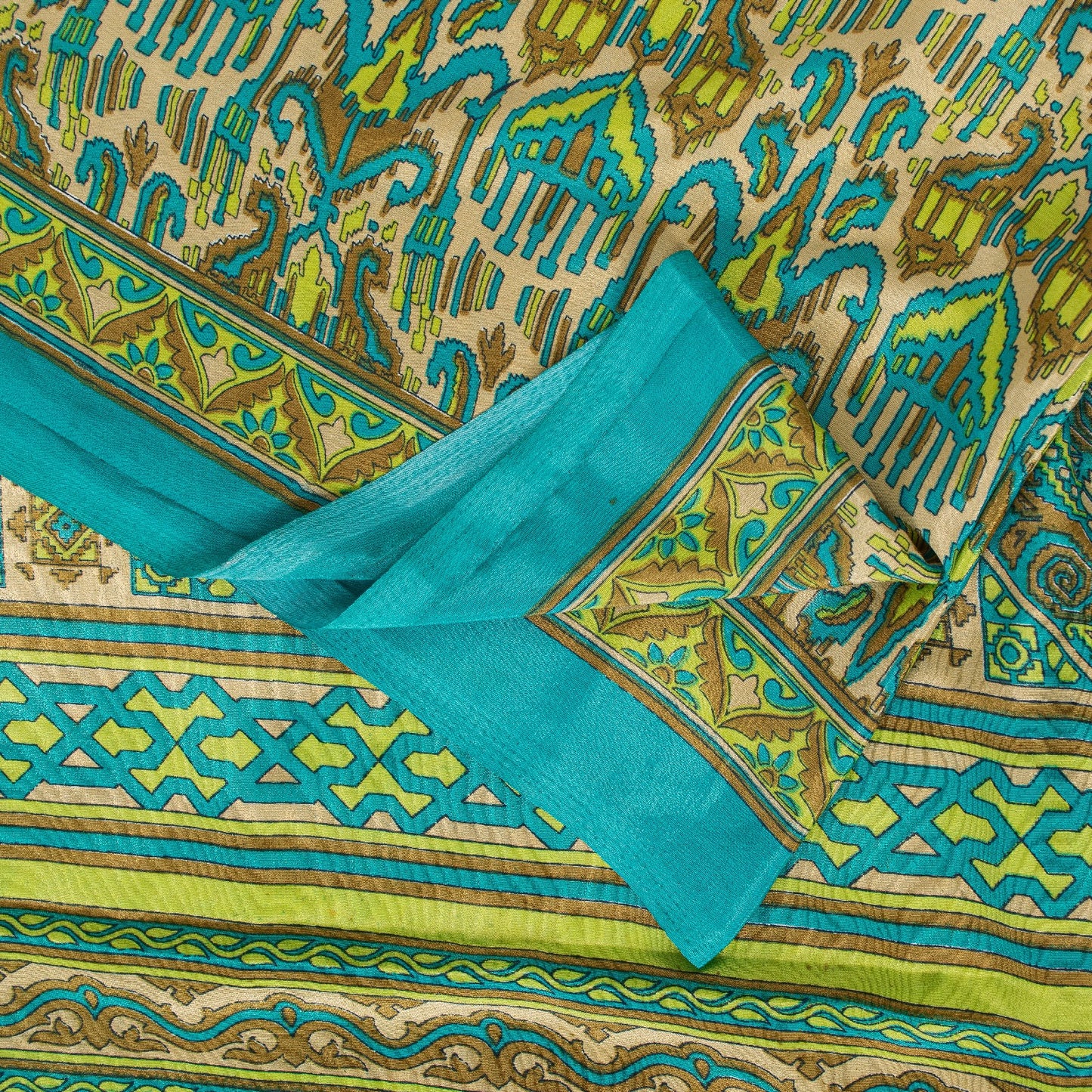 Sanskriti Vintage Saree Blue & Green 5+Yd Moss Crepe Saree Craft Saree Floral Printed Sari Uses--Crafts Sewing Patchwork Home Decor