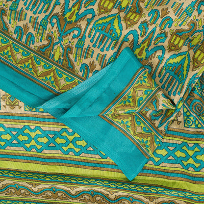 Sanskriti Vintage Saree Blue & Green 5+Yd Moss Crepe Saree Craft Saree Floral Printed Sari Uses--Crafts Sewing Patchwork Home Decor