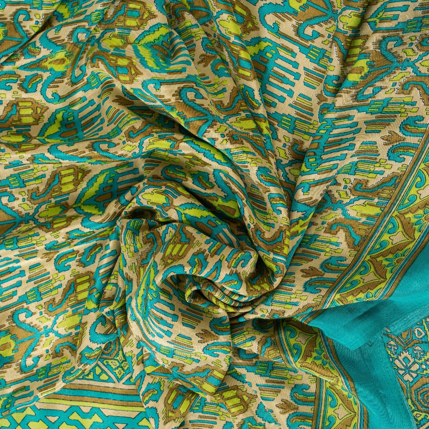 Sanskriti Vintage Saree Blue & Green 5+Yd Moss Crepe Saree Craft Saree Floral Printed Sari Uses--Crafts Sewing Patchwork Home Decor