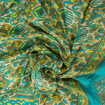 Sanskriti Vintage Saree Blue & Green 5+Yd Moss Crepe Saree Craft Saree Floral Printed Sari Uses--Crafts Sewing Patchwork Home Decor