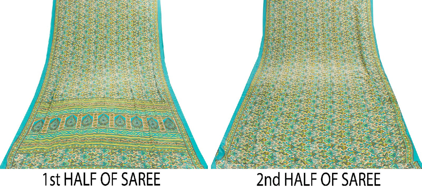 Sanskriti Vintage Saree Blue & Green 5+Yd Moss Crepe Saree Craft Saree Floral Printed Sari Uses--Crafts Sewing Patchwork Home Decor