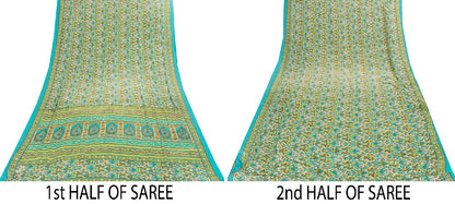 Sanskriti Vintage Saree Blue & Green 5+Yd Moss Crepe Saree Craft Saree Floral Printed Sari Uses--Crafts Sewing Patchwork Home Decor