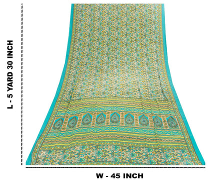 Sanskriti Vintage Saree Blue & Green 5+Yd Moss Crepe Saree Craft Saree Floral Printed Sari Uses--Crafts Sewing Patchwork Home Decor