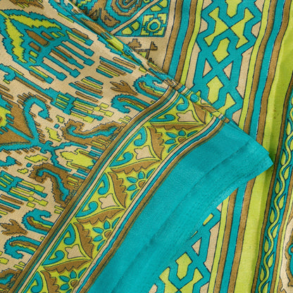Sanskriti Vintage Saree Blue & Green 5+Yd Moss Crepe Saree Craft Saree Floral Printed Sari Uses--Crafts Sewing Patchwork Home Decor