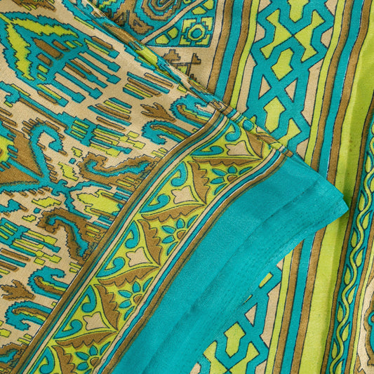 Sanskriti Vintage Craft Sarees Blue & Green Floral Print 5+YD Moss Crepe Sari