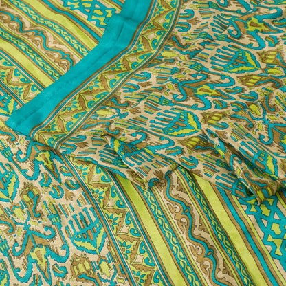 Sanskriti Vintage Saree Blue & Green 5+Yd Moss Crepe Saree Craft Saree Floral Printed Sari Uses--Crafts Sewing Patchwork Home Decor