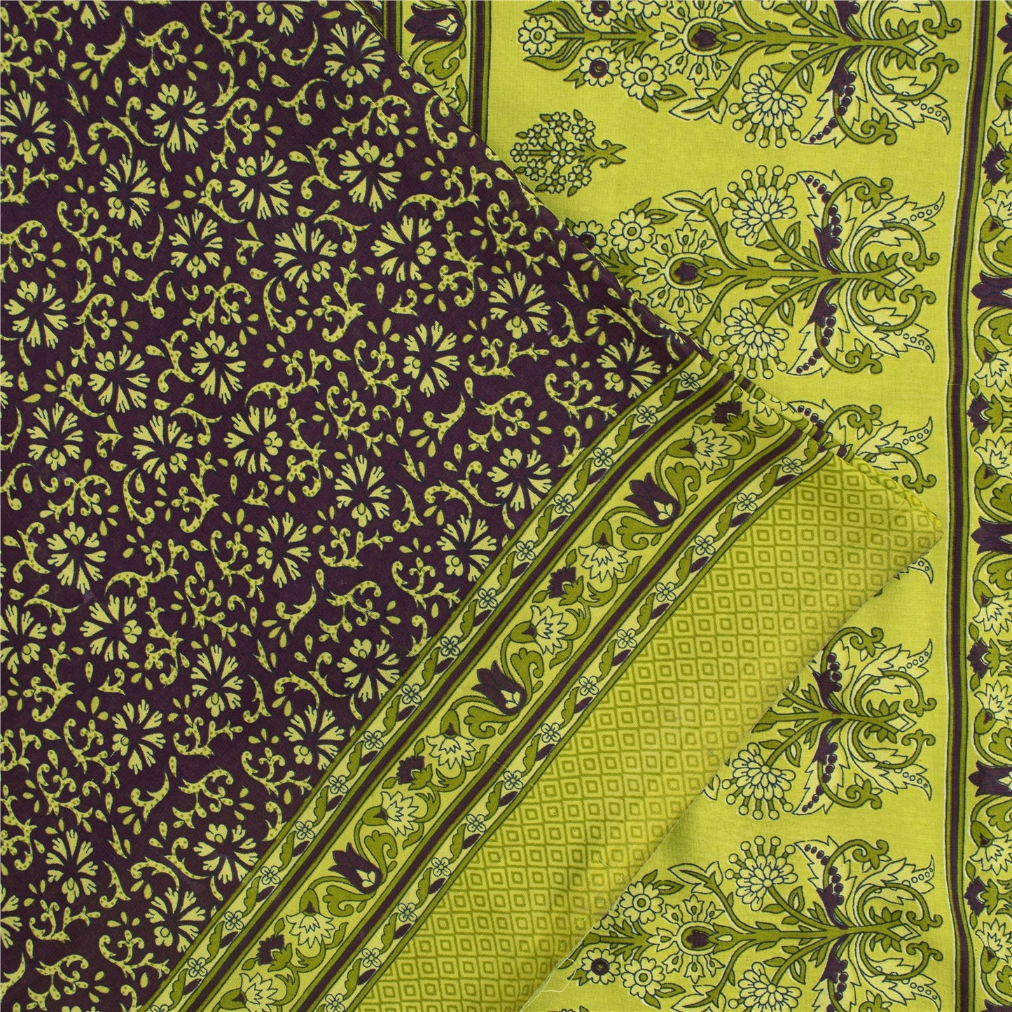 Sanskriti Vintage Sarees Wine & Green Moss Crepe Floral Print 6YD Upcycled Sari