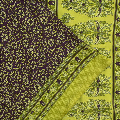 Sanskriti Vintage Sarees Wine & Green Moss Crepe Floral Print 6YD Upcycled Sari
