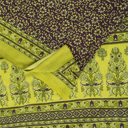 Sanskriti Vintage Sarees Wine & Green Moss Crepe Floral Print 6YD Upcycled Sari