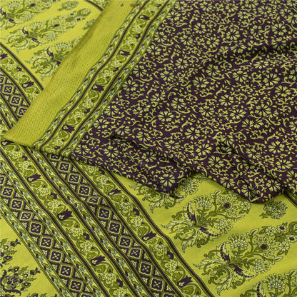 Sanskriti Vintage Sarees Wine & Green Moss Crepe Floral Print 6YD Upcycled Sari