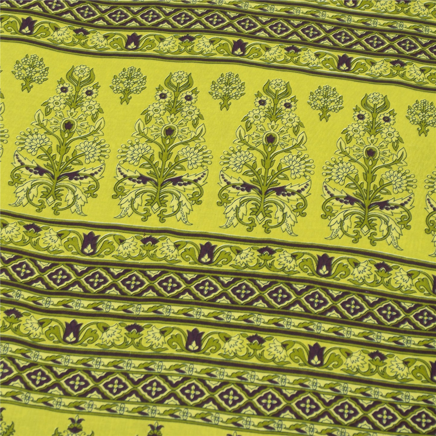 Sanskriti Vintage Sarees Wine & Green Moss Crepe Floral Print 6YD Upcycled Sari