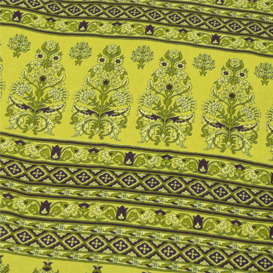 Sanskriti Vintage Sarees Wine & Green Moss Crepe Floral Print 6YD Upcycled Sari