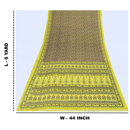 Sanskriti Vintage Sarees Wine & Green Moss Crepe Floral Print 6YD Upcycled Sari