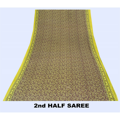 Sanskriti Vintage Sarees Wine & Green Moss Crepe Floral Print 6YD Upcycled Sari