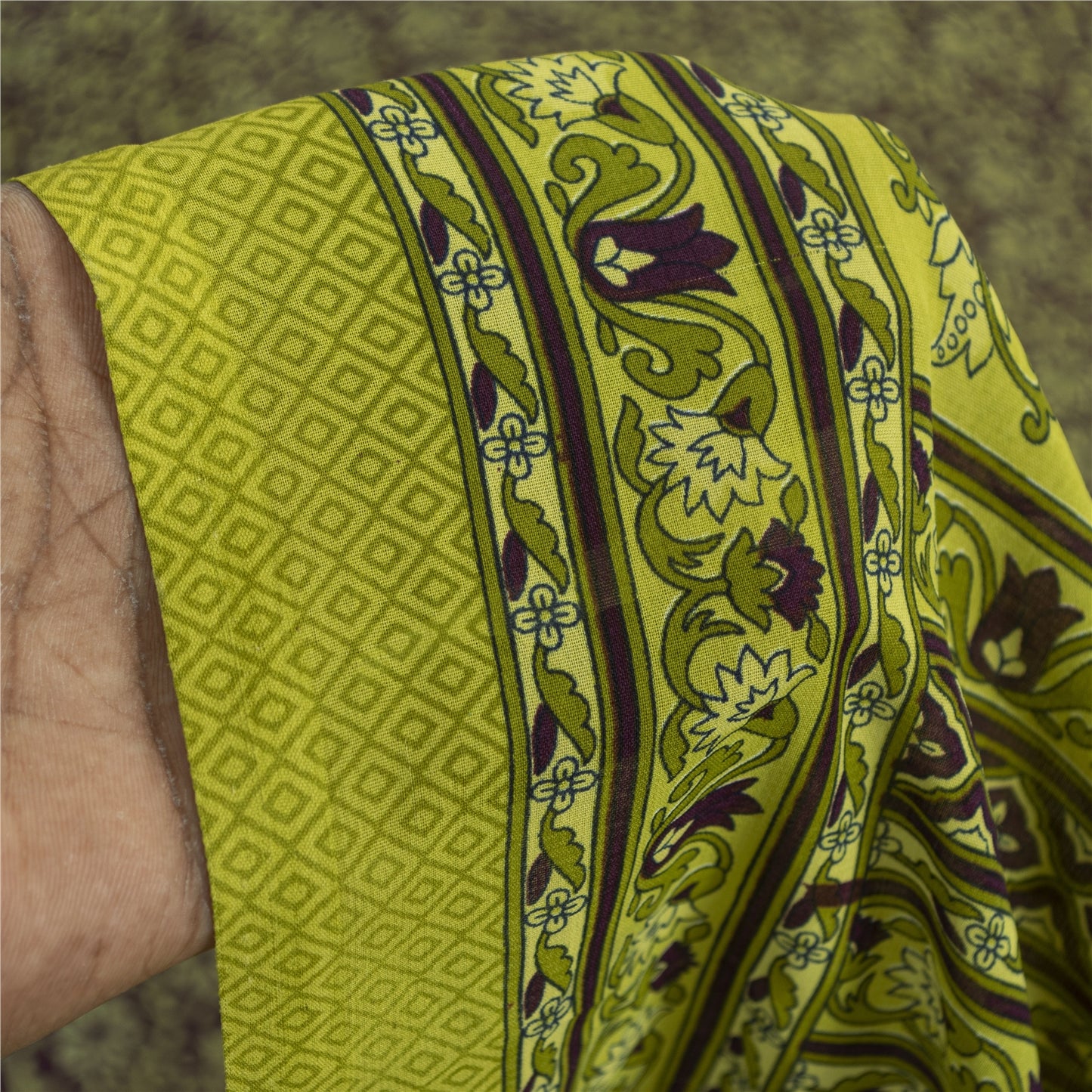 Sanskriti Vintage Sarees Wine & Green Moss Crepe Floral Print 6YD Upcycled Sari