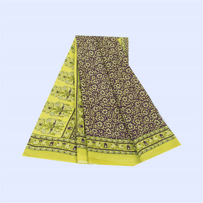 Sanskriti Vintage Sarees Wine & Green Moss Crepe Floral Print 6YD Upcycled Sari