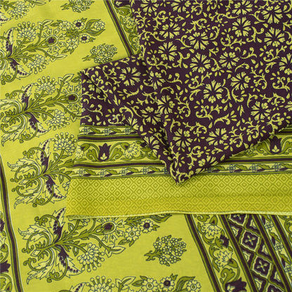 Sanskriti Vintage Sarees Wine & Green Moss Crepe Floral Print 6YD Upcycled Sari