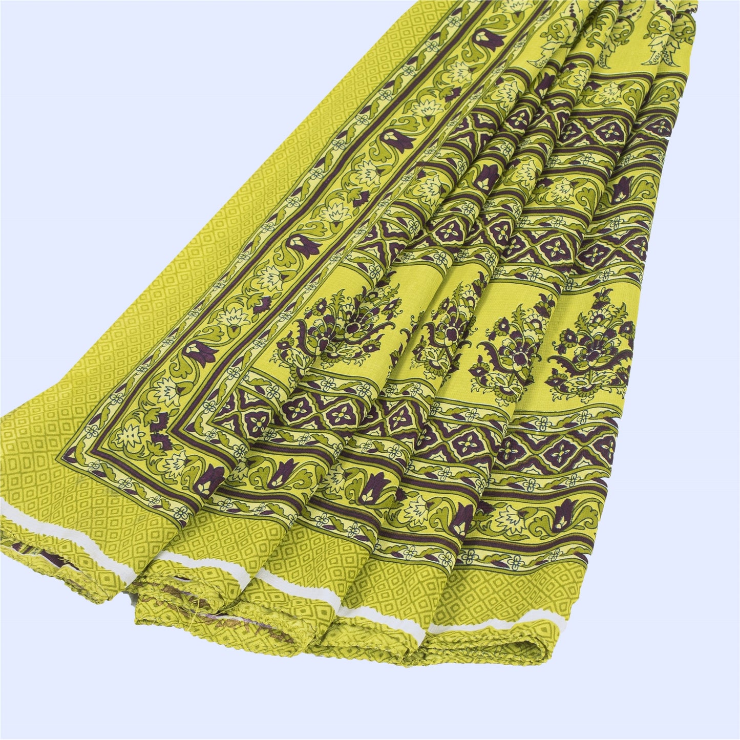 Sanskriti Vintage Sarees Wine & Green Moss Crepe Floral Print 6YD Upcycled Sari