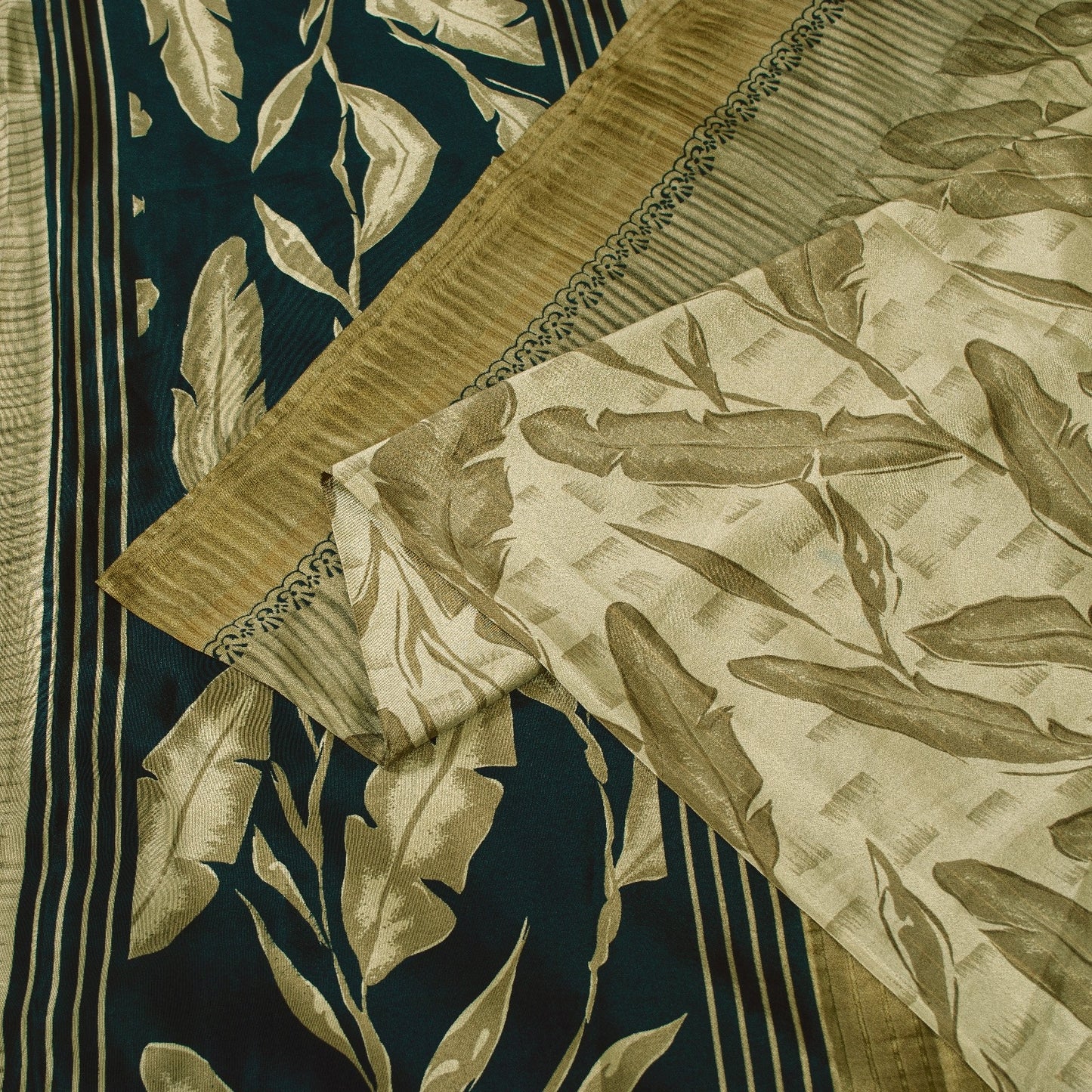 Sanskriti Vintage Sarees Brownish Golden Moss Crepe Leaf Print 5+YD QuiltingSari