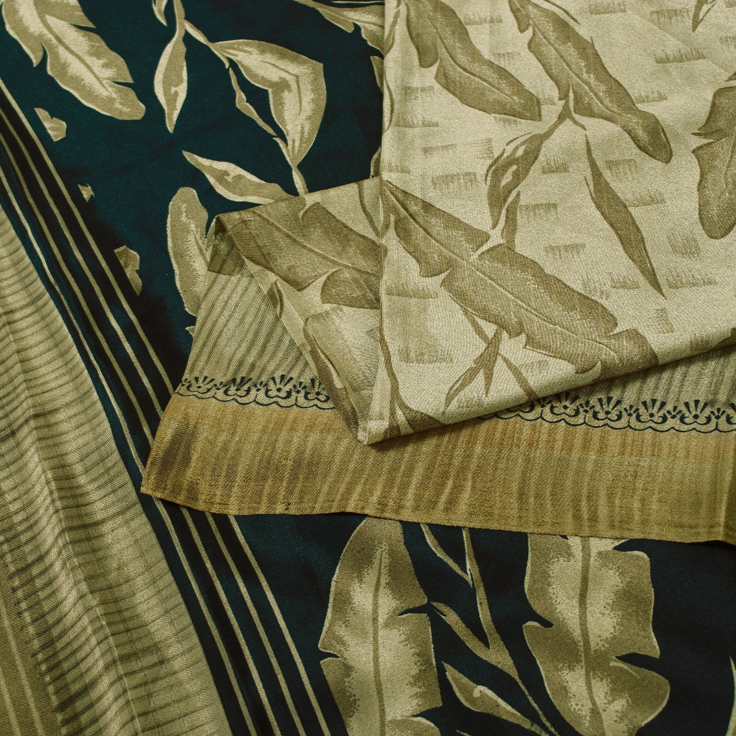 Sanskriti Vintage Sarees Brownish Golden Moss Crepe Leaf Print 5+YD QuiltingSari