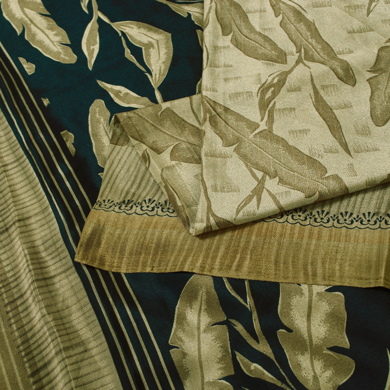 Sanskriti Vintage Sarees Brownish Golden Moss Crepe Leaf Print 5+YD QuiltingSari