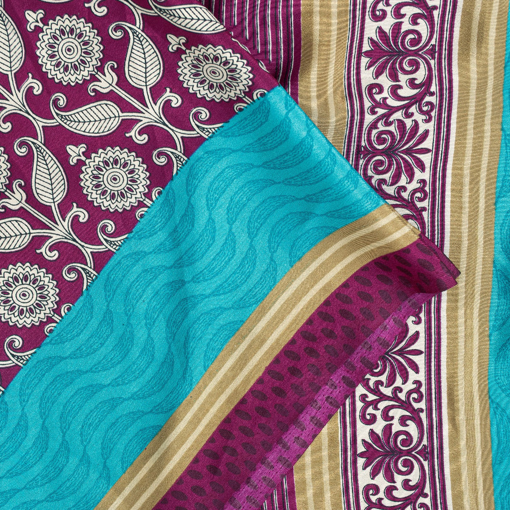 Sanskriti Vintage Sarees Purple Moss Crepe Floral Print 6+YD Soft & Smooth Sari