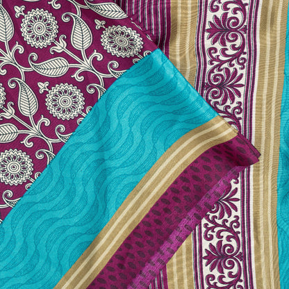 Sanskriti Vintage Sarees Purple Moss Crepe Floral Print 6+YD Soft & Smooth Sari