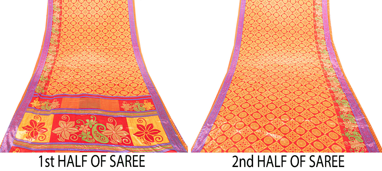 Sanskriti Vintage Sarees Craft Supplies Red Floral Printed 5YD Moss Crepe Sari