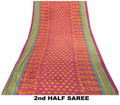 Sanskriti Vintage Sarees Pink Moss Crepe Floral Print 5+YD Dressmaking Soft Sari