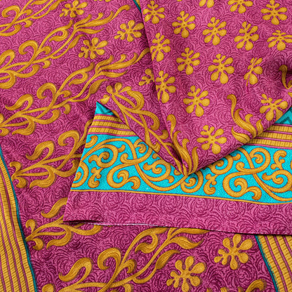 Sanskriti Vintage Sarees Pink Moss Crepe Floral Print 5+YD Dressmaking Soft Sari