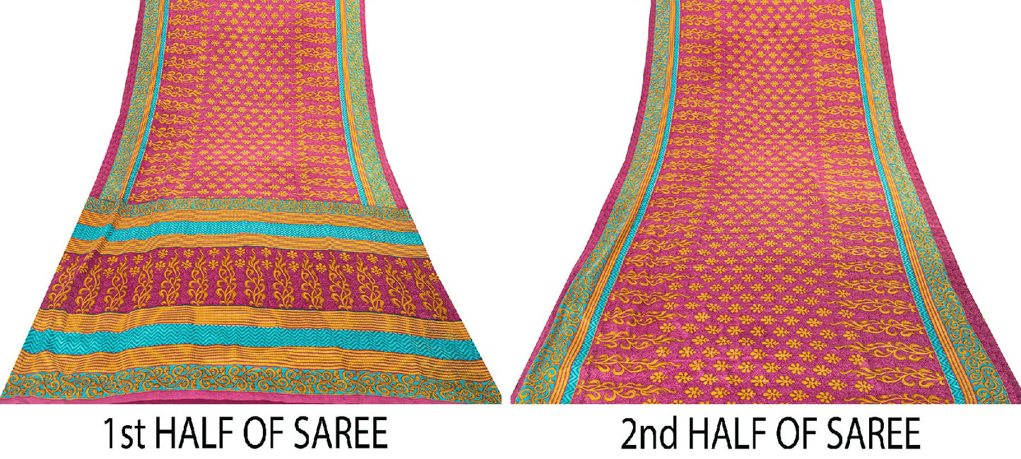 Sanskriti Vintage Sarees Pink Moss Crepe Floral Print 5+YD Dressmaking Soft Sari