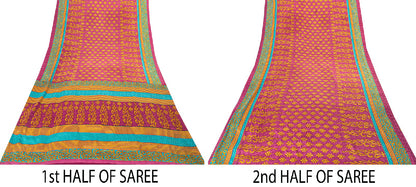 Sanskriti Vintage Sarees Pink Moss Crepe Floral Print 5+YD Dressmaking Soft Sari