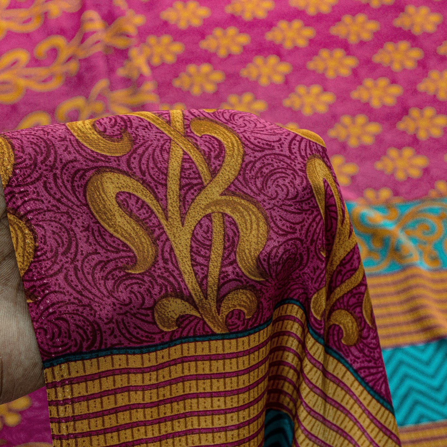 Sanskriti Vintage Sarees Pink Moss Crepe Floral Print 5+YD Dressmaking Soft Sari