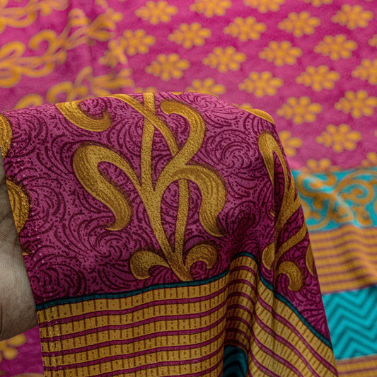 Sanskriti Vintage Sarees Pink Moss Crepe Floral Print 5+YD Dressmaking Soft Sari