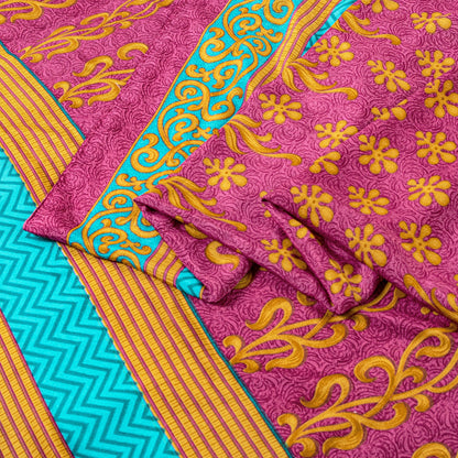 Sanskriti Vintage Sarees Pink Moss Crepe Floral Print 5+YD Dressmaking Soft Sari